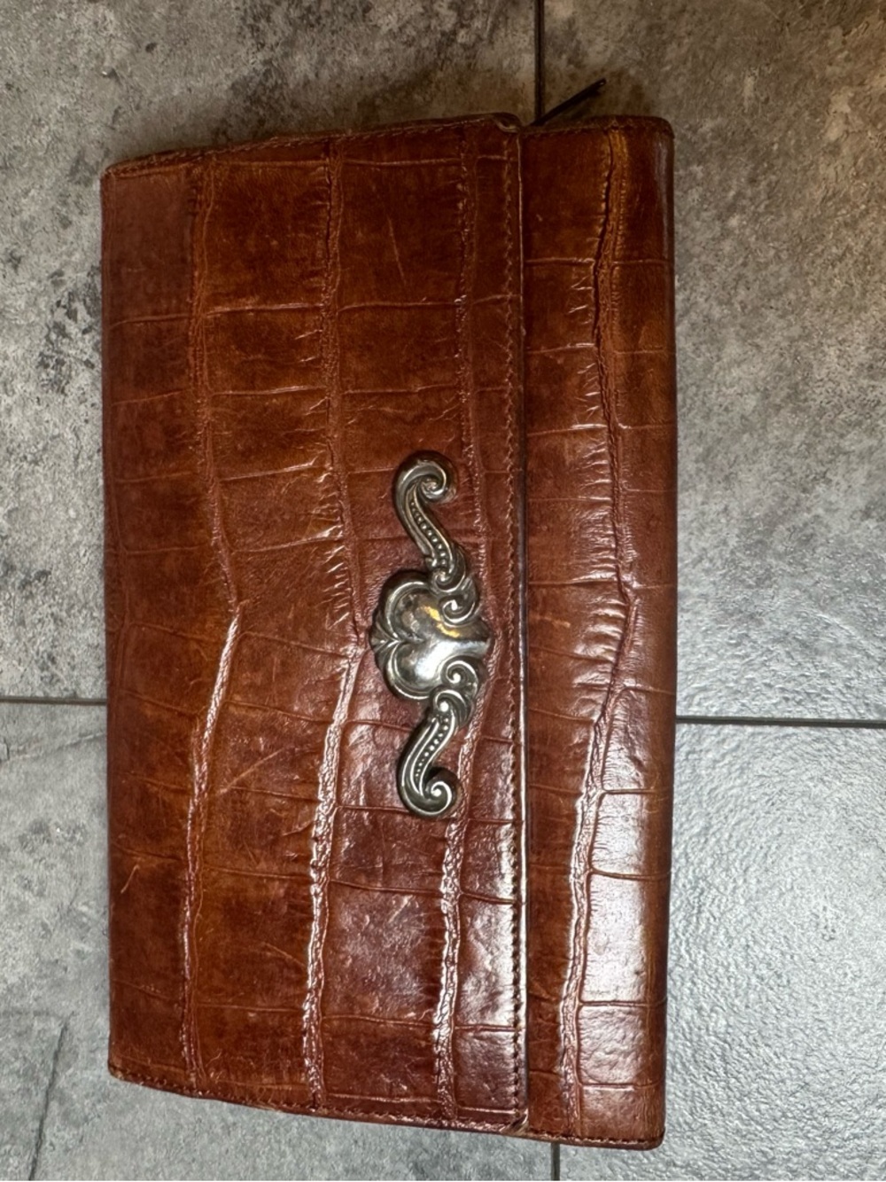 Brighton Brown Croc-Embossed Leather Clutch with Silver Tone Ornament